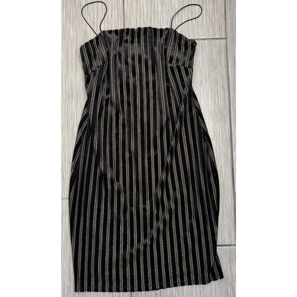 Olive Tree Women’s Black Velvet Mini Dress Metallic Silver Stripes Large NWT